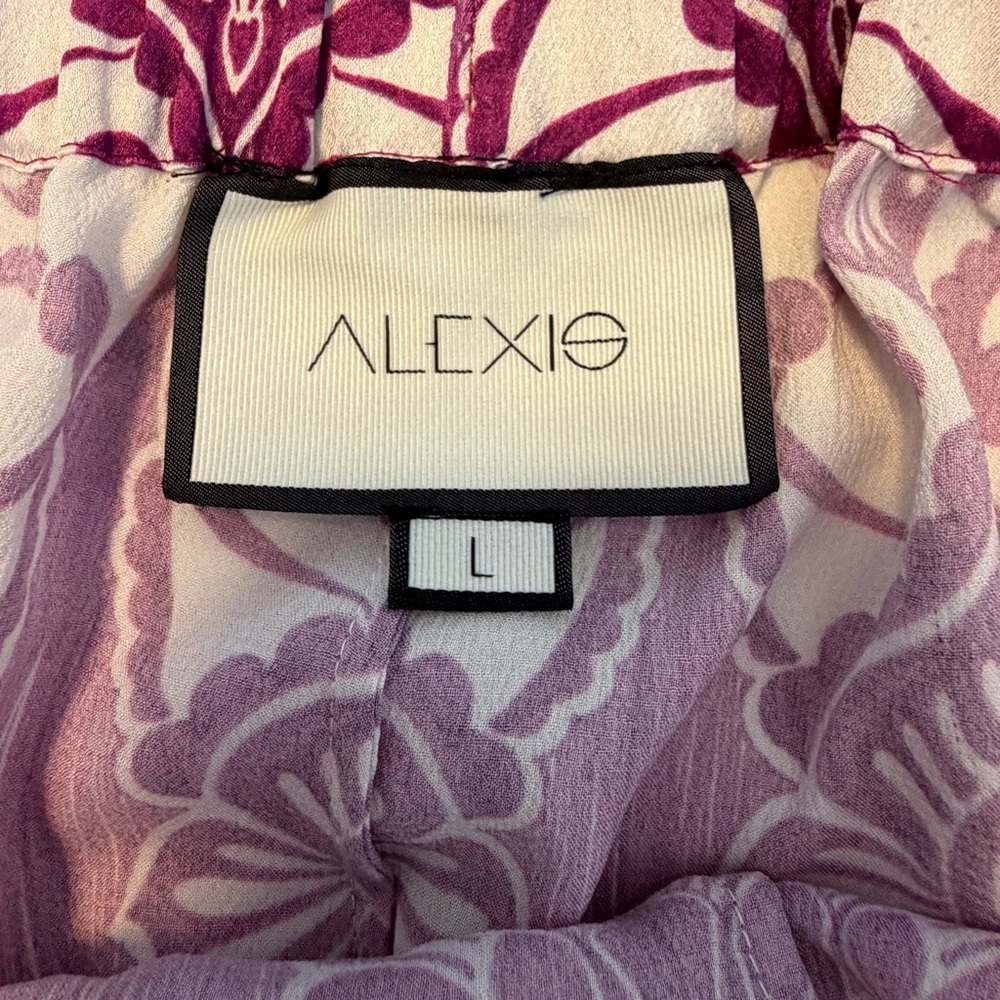 ALEXIS Purple Boho Wide Leg Pants Size L High Waist Drawstring Statement Print - Picture 4 of 10